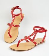 Red Leather Stud Strap Sandals New Look