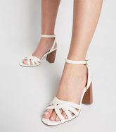 White Woven Strap Wood Flare Heel Sandals New Look