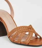 Tan Woven Strap Wood Flare Heel Sandals New Look